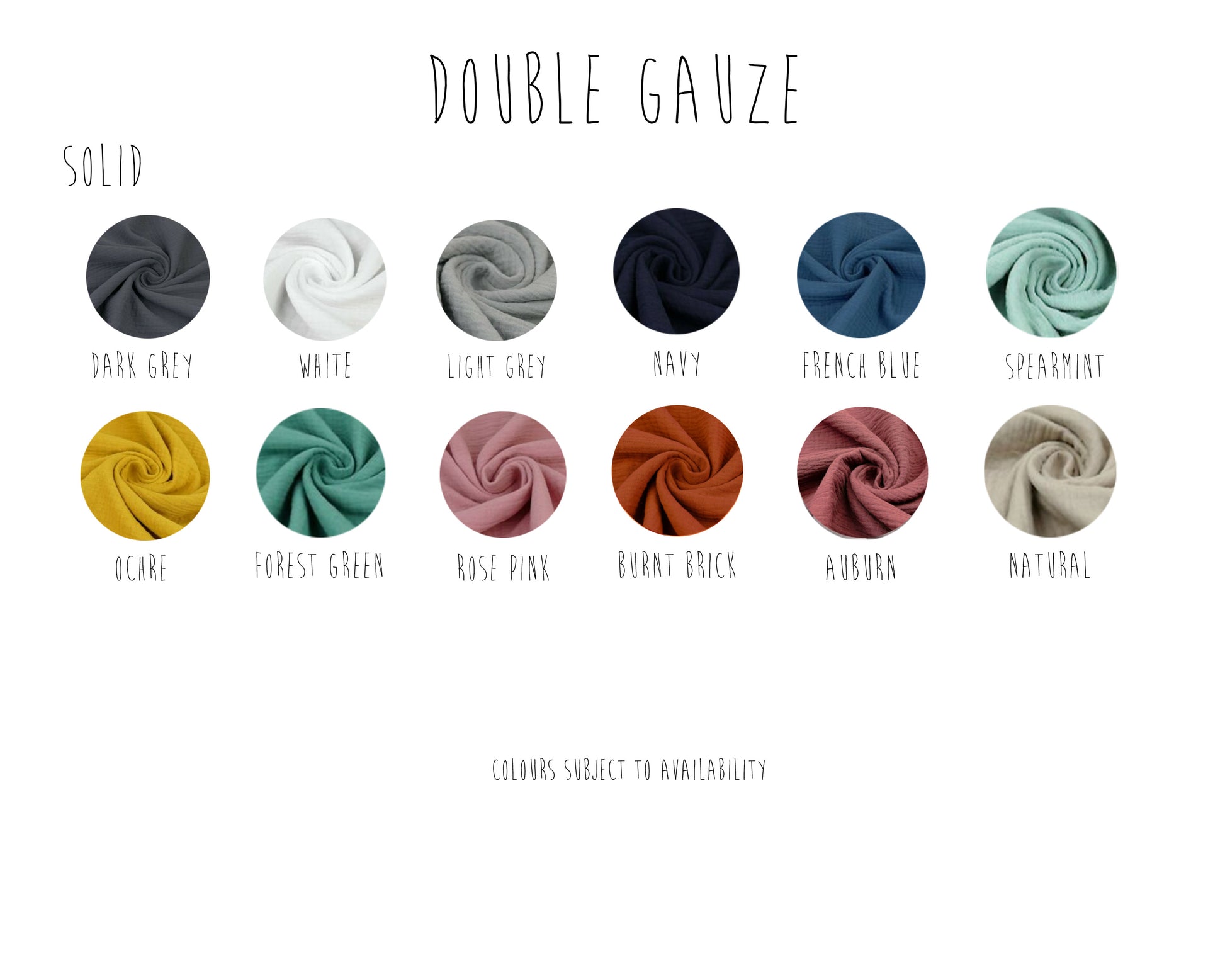 the selection of colours to choose from for your handmade romper in muslin double gauze fabric