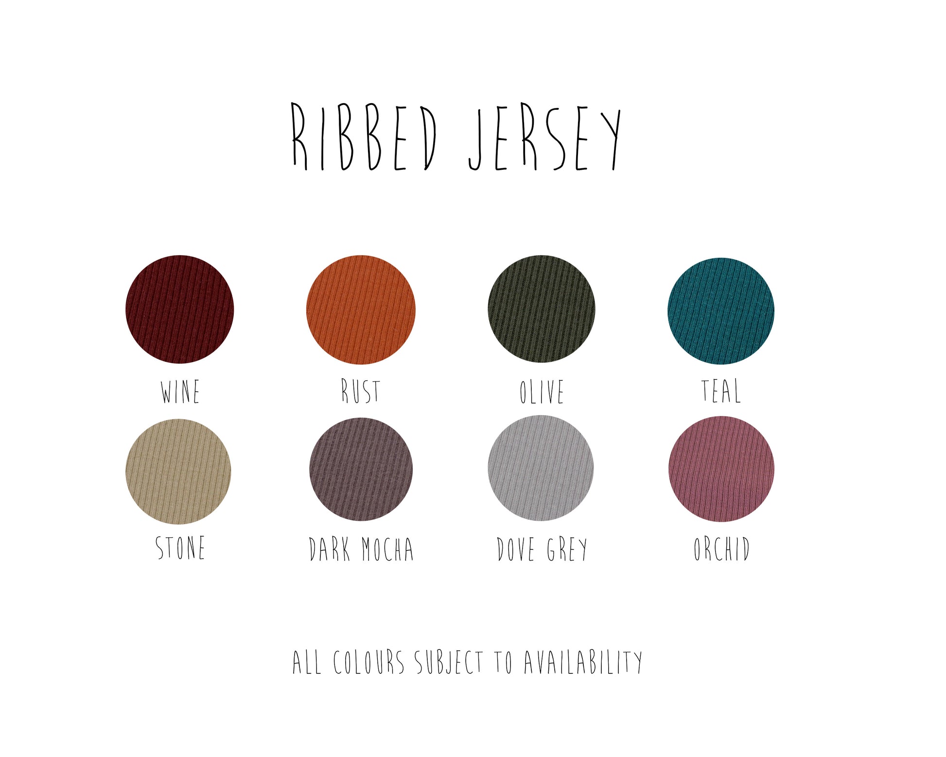 the selection of colours to choose from for your handmade romper in ribbed jersey fabric